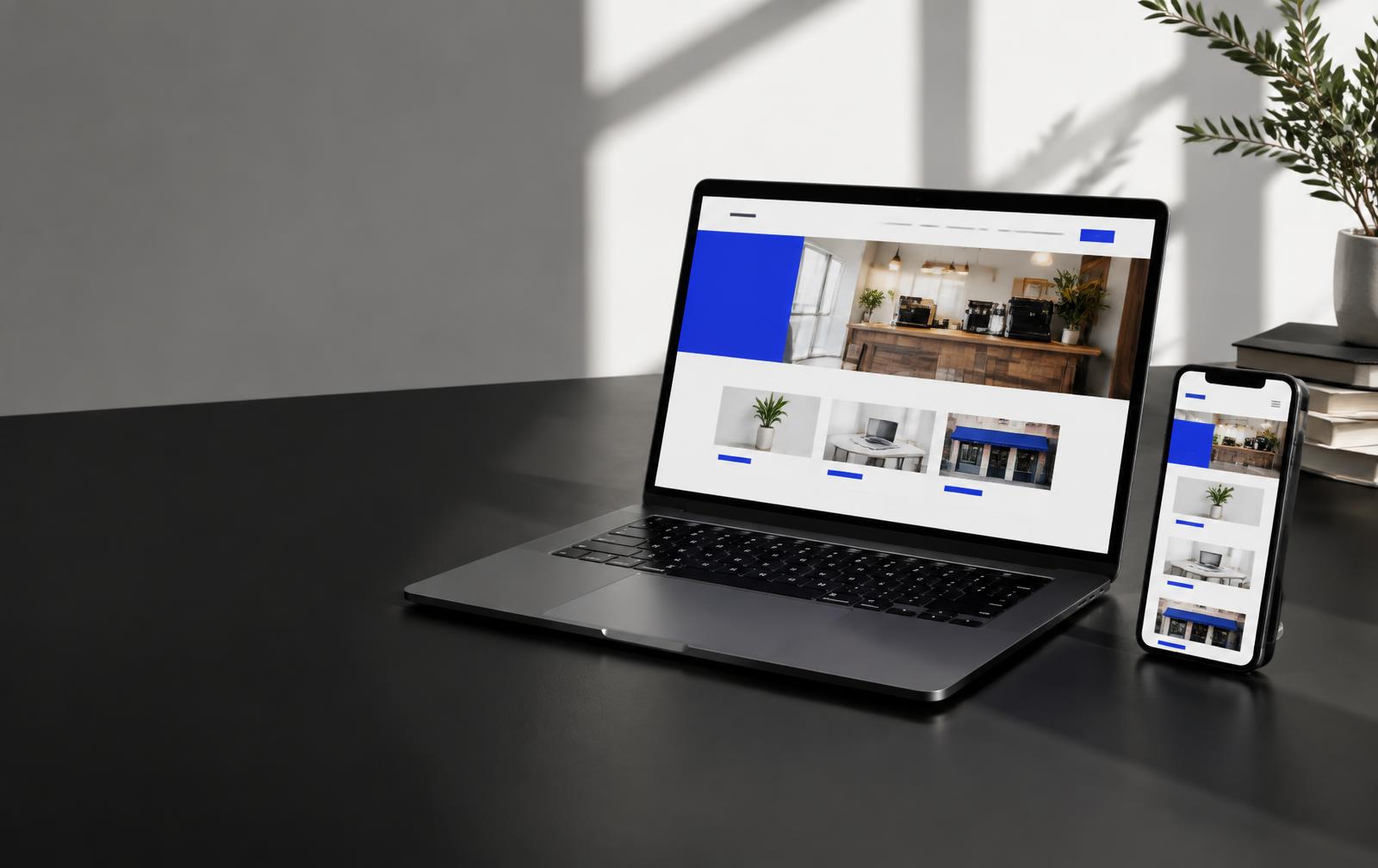 Diseño de página web para negocios mostrado en computadora y teléfono celular